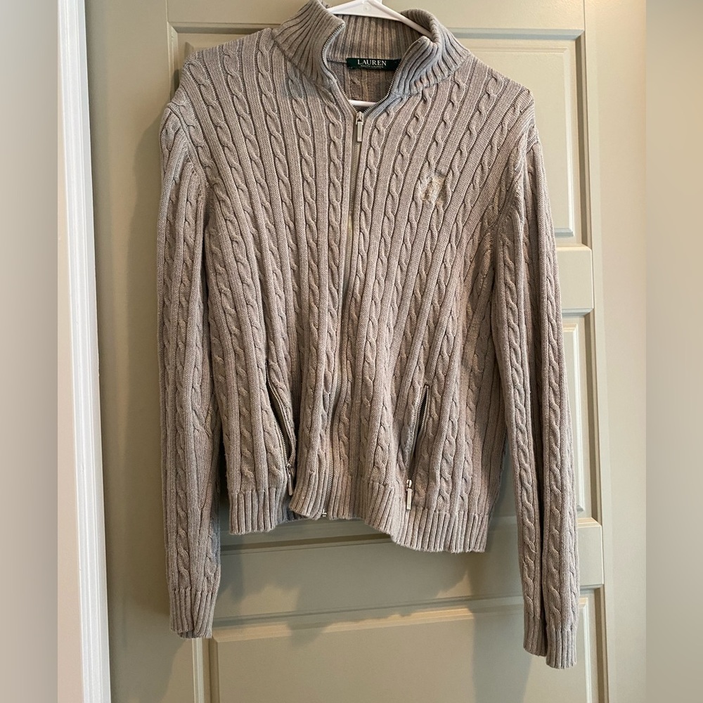 Grey Ralph Lauren cable knit grey zip up sweater with zip pockets